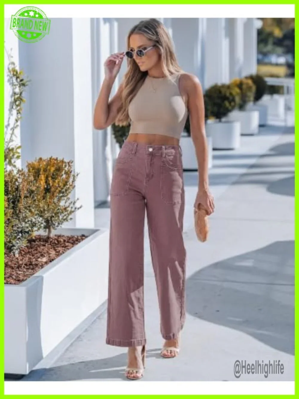High Waisted Wide Leg Jeans with Patch Pockets Stretchy Denim Pants